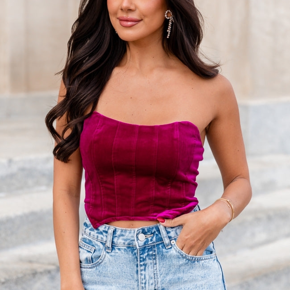 Magenta Velvet Strapless Corset Top